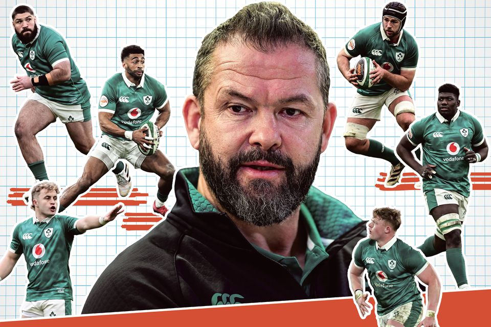Ireland head coach Andy Farrell (centre) with, clockwise from top left, Tom O'Toole, Robert Baloucoune, Caelan Doris, Edwin Edogbo, Bryn Ward, Craig Casey.